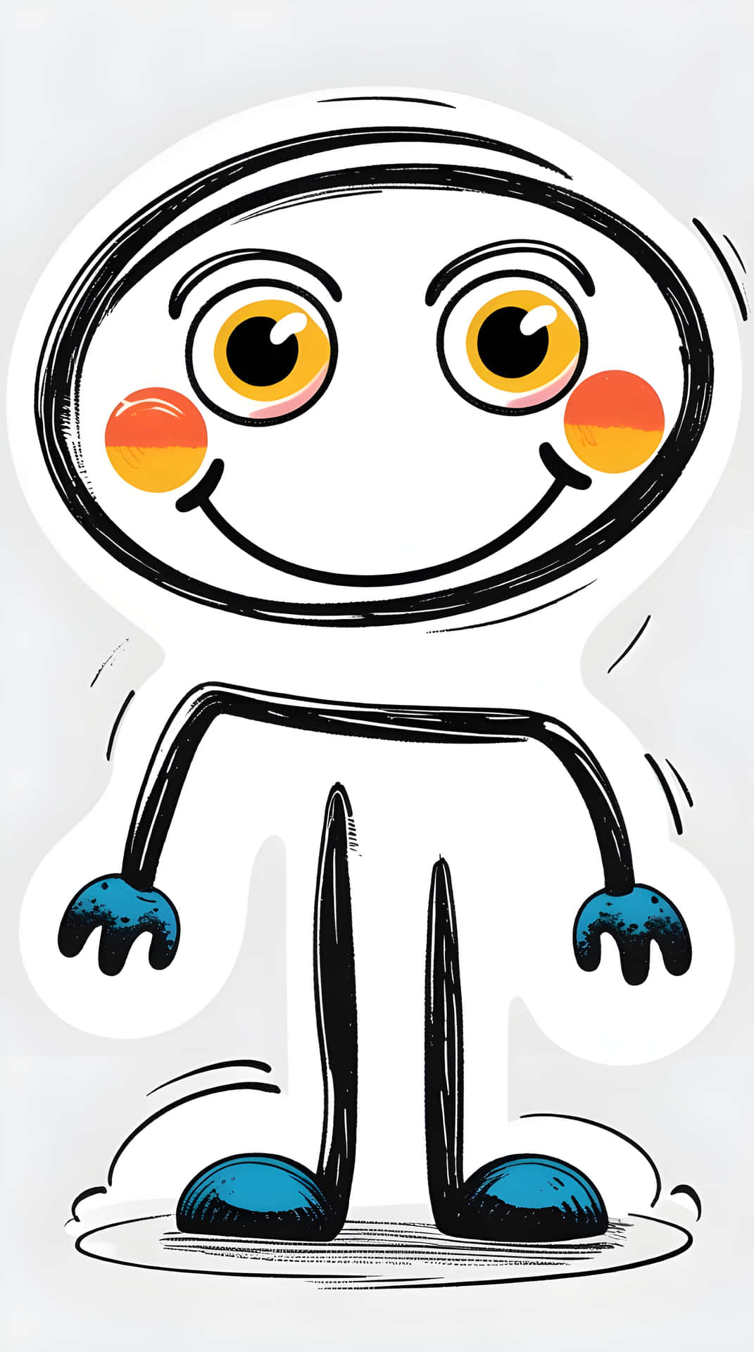Beautiful line friends 壁紙 — 一個開心的卡通角色，有大黃色眼睛、橙色臉頰和藍色四肢，在淺灰色背景上微笑站立。