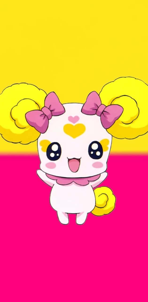 Glitter Force 桌布 壁紙 — 一個開心的卡通角色，有黃色辮子和粉紅色蝴蝶結，在明亮的黃色和粉紅色背景上微笑。