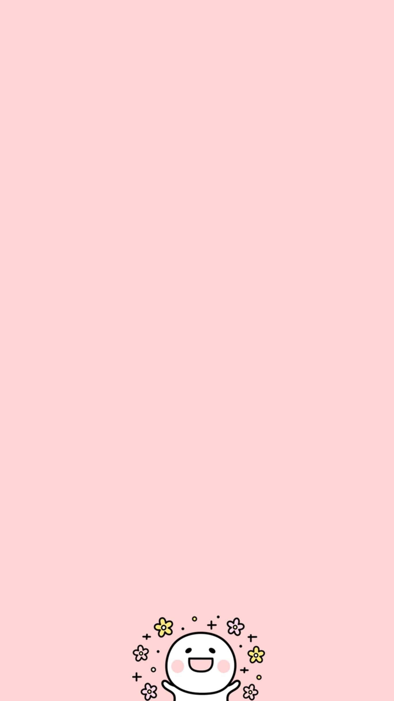 Pink Cute 桌布 壁紙 — 一個開心的卡通角色，面帶微笑，臉頰紅潤，坐在柔軟的粉紅色背景底部，周圍有小花和閃光。