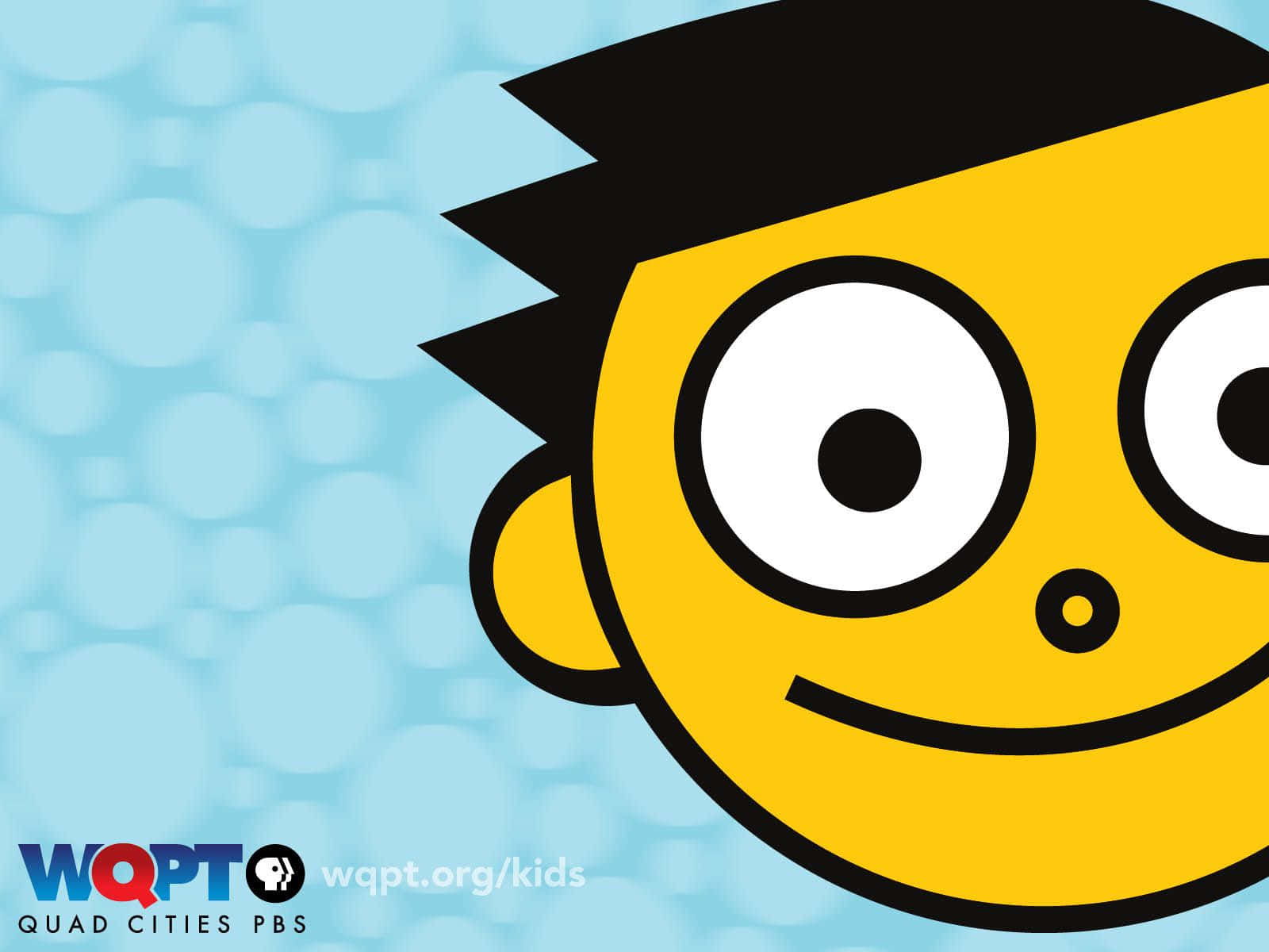 pbs kids 桌布 壁紙 — 一個開心的卡通角色，黃色臉孔、黑色頭髮和大眼睛，在淺藍色泡泡背景上微笑。