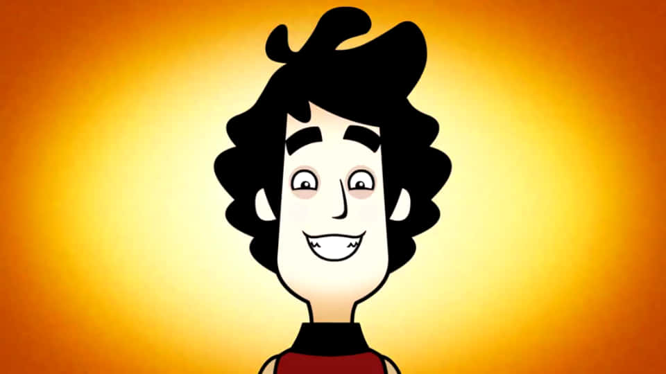 Animated 桌布 壁紙 — 一個開心的卡通角色，黑色捲髮，身穿紅色上衣，在溫暖發光的橙色背景前微笑。