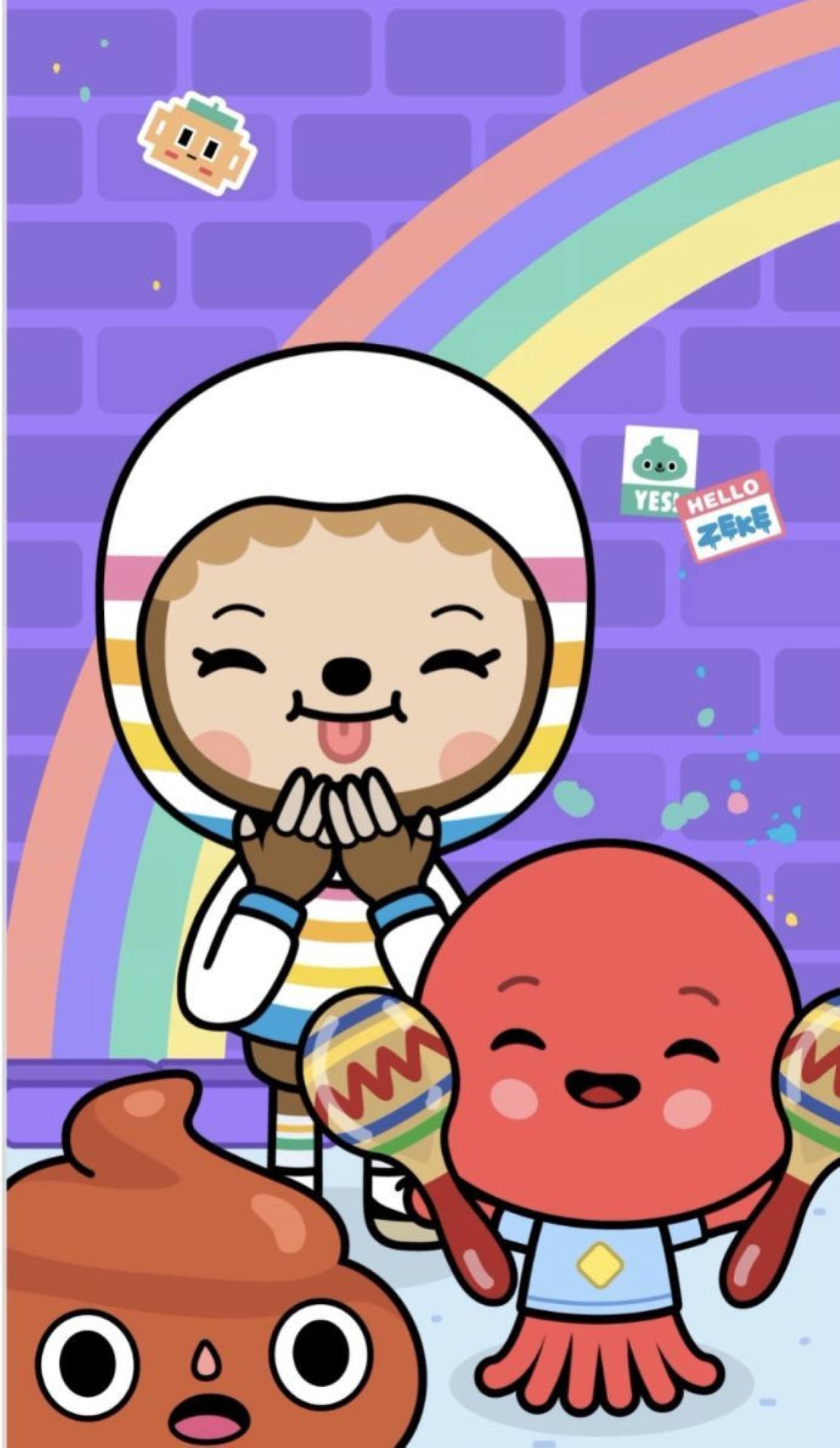 Toca 桌布 壁紙 — 一個開心的卡通角色穿著彩虹條紋太空衣，雙手合十微笑，旁邊有一隻紅色章魚拿著沙槌，背景是紫色磚牆和彩虹。