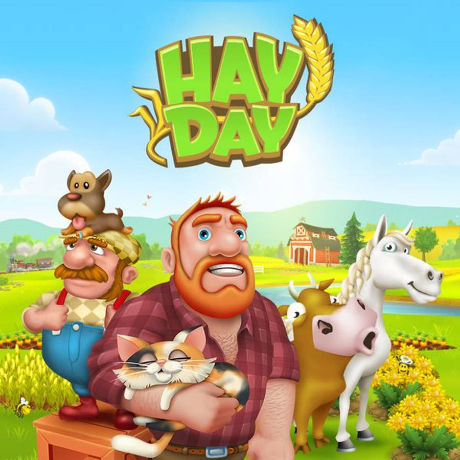 Hay 桌布 壁紙 — 一個開心的卡通農夫抱著一隻睡著的貓，周圍有農場動物和一個亮綠色的「Hay Day」標誌。