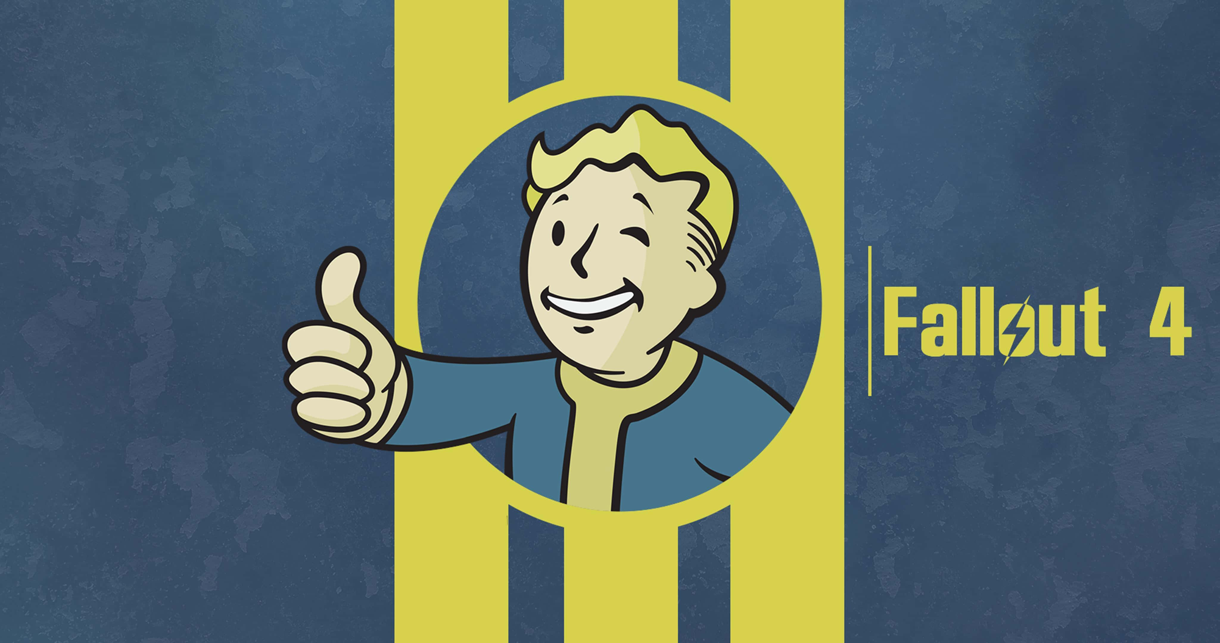 Vault-tec 桌布 壁紙 — 一個開心的卡通避難所小子在黃色避難所標誌內豎起大拇指，背景是帶紋理的藍色，並有 Fallout 4 文字。