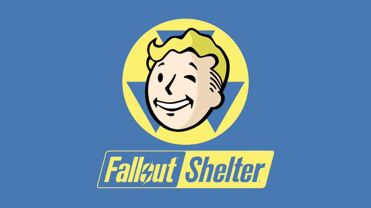 Fallout Shelter 桌布 壁紙 — 一個開心的卡通避難所居民，金髮，在藍色背景上的黃色圓圈內微笑，下方有「Fallout Shelter」文字。