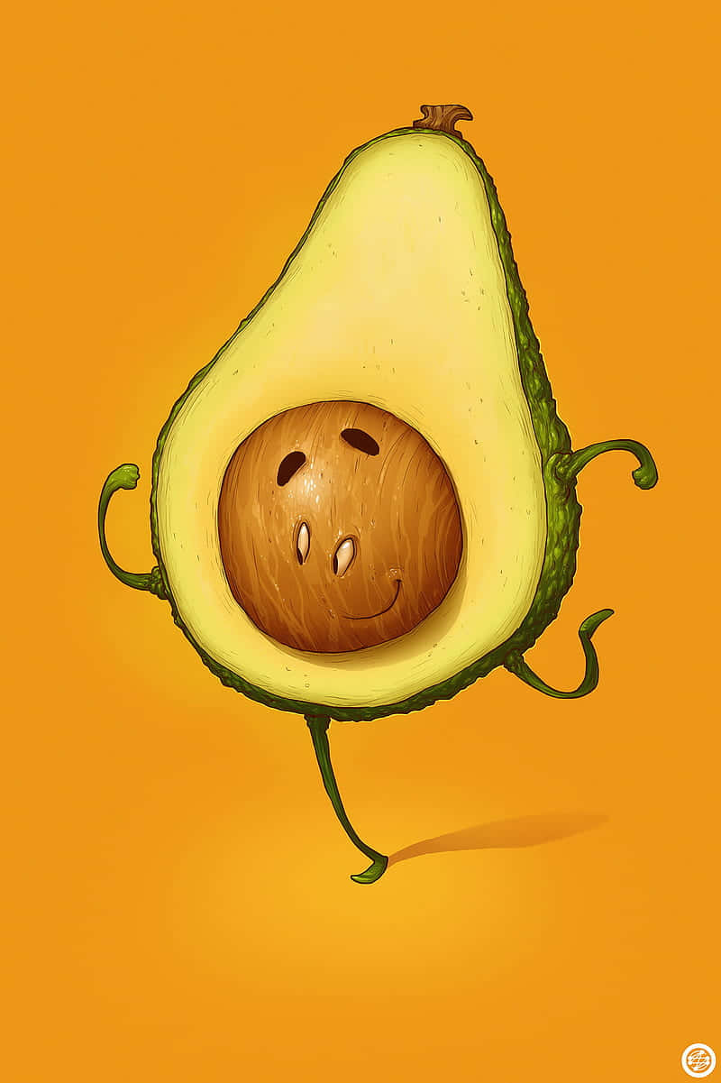 Avocado 桌布 壁紙 — 一個開心的卡通酪梨，有微笑的核和細小的手腳，在溫暖的橙色背景前跳舞。
