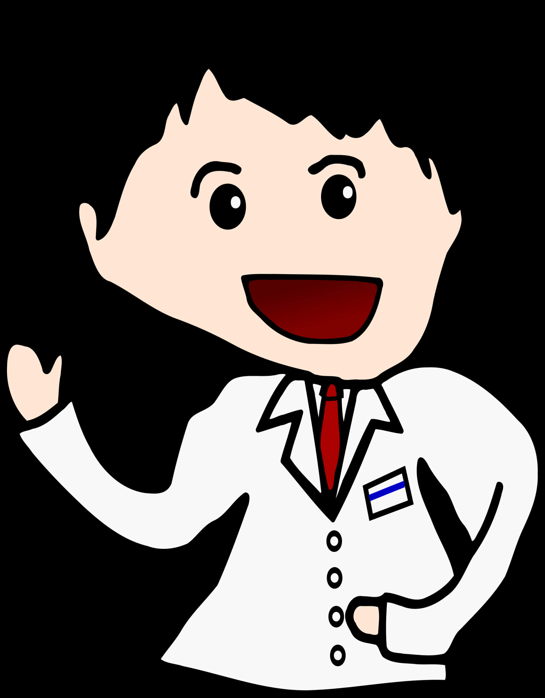 Cartoon 桌布 壁紙 — 一個開心的卡通醫生穿著白袍和紅色領帶，在黑色背景上開心地揮手。