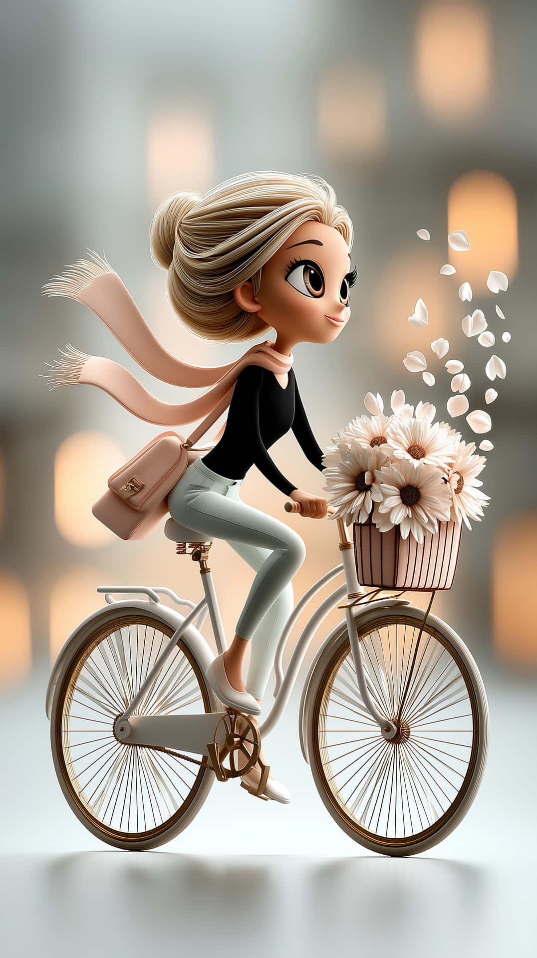 Chic Cartoon Woman Riding Bicycle with Flower Basket 壁紙 — 一個開心的卡通金髮女孩騎著一輛白色腳踏車，車籃裡裝滿白色雛菊，花瓣在她周圍飄浮。
