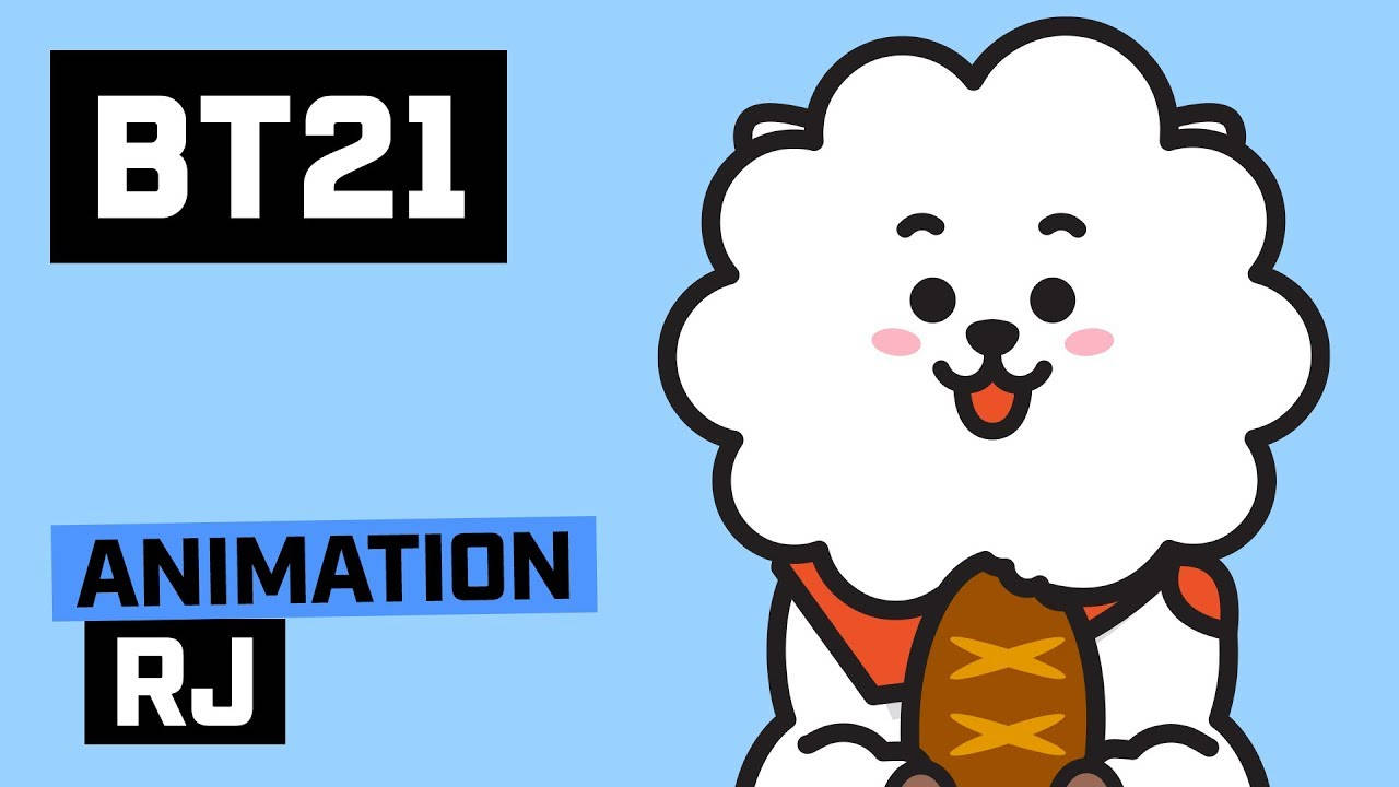 rj bt21 桌布 壁紙 — 一個開心的卡通雲角色，面帶微笑，在淺藍色背景上拿著一個棕色袋子，上面有粗體文字標籤。