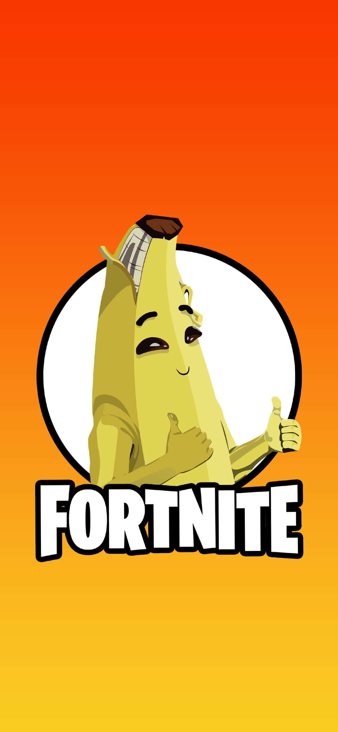 Peely Fortnite 桌布 壁紙 — 一個開心的卡通香蕉角色在白色圓圈內，在充滿活力的橙色漸變背景上豎起兩個大拇指，下方有FORTNITE字樣。