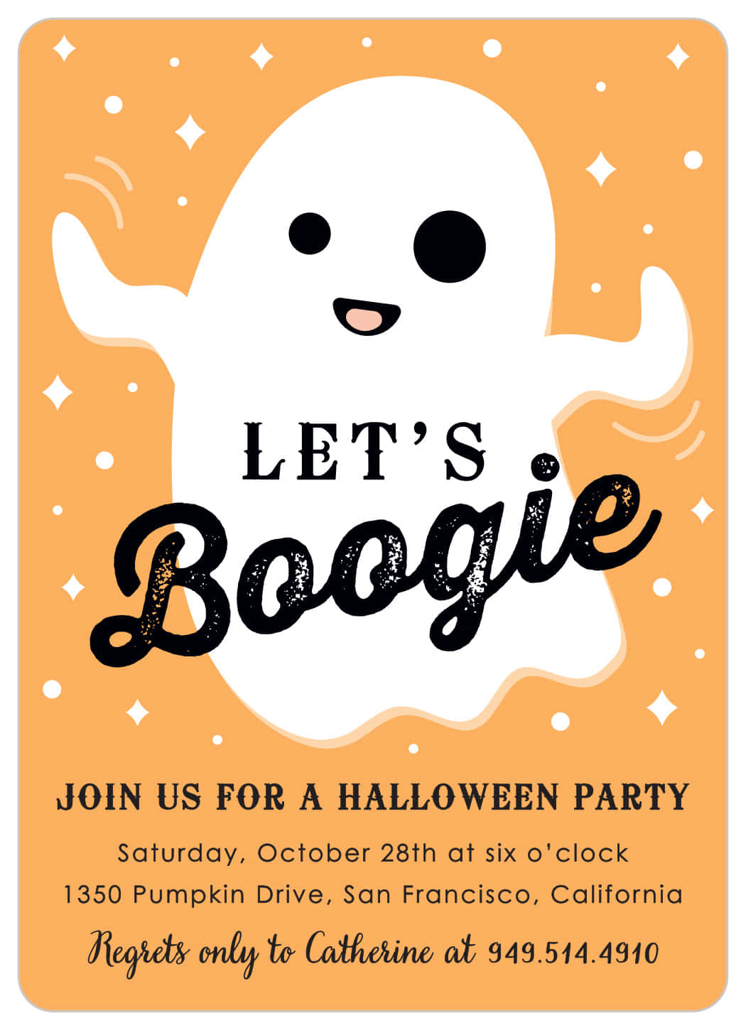 Halloween Invitations 桌布 壁紙 — 一個開心的卡通鬼魂舉起手臂，在帶有閃爍效果的橙色背景上邀請客人參加萬聖節派對。