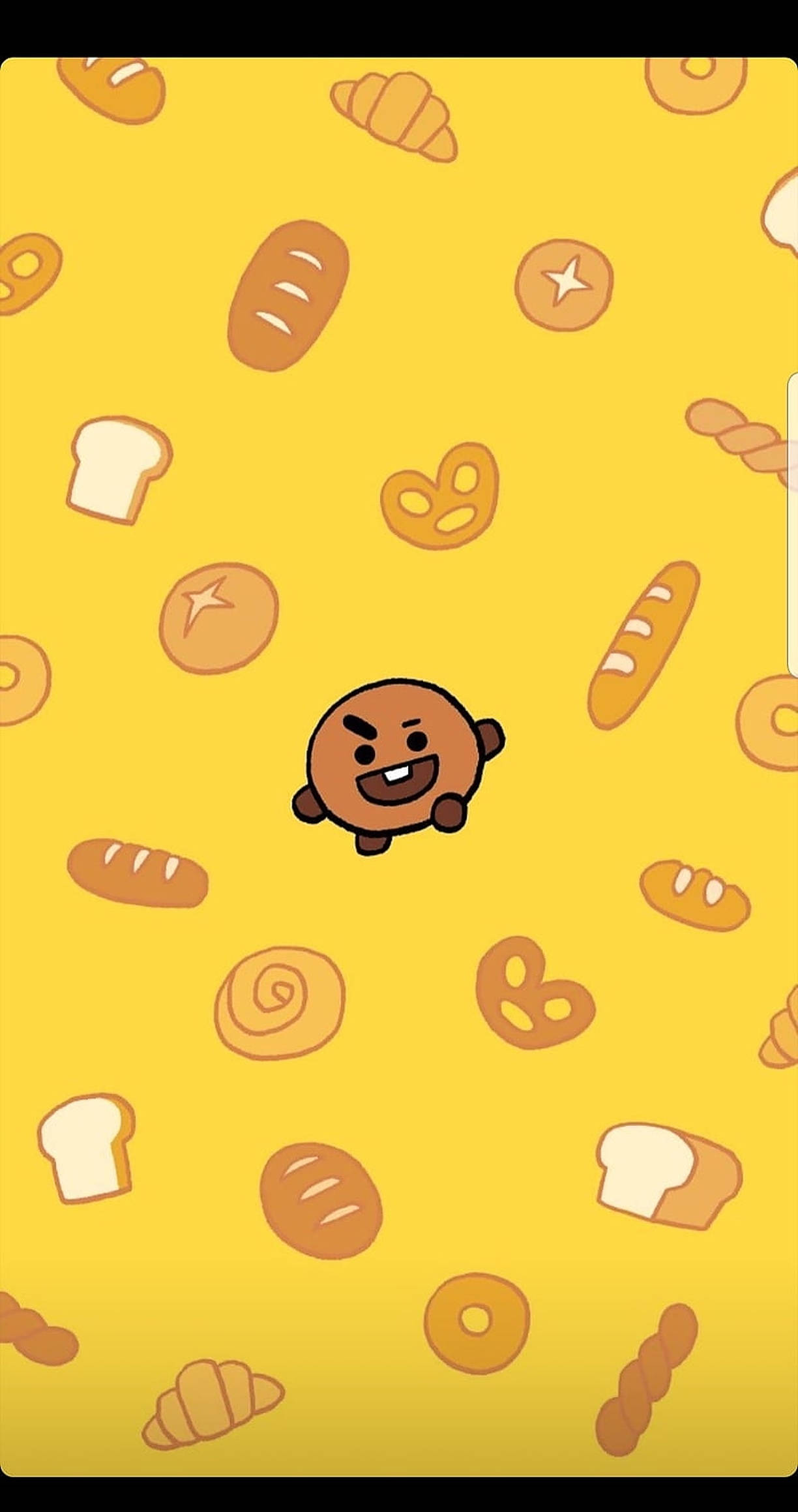 shooky bt21 桌布 壁紙 — 一個開心的卡通麵包角色在充滿各種麵包插圖的鮮黃色背景中微笑。