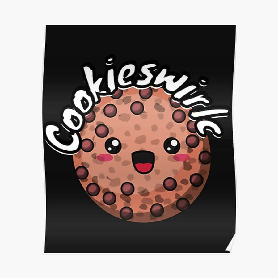 Cookie Swirl C 桌布 壁紙 — 一個開心的可愛風格巧克力曲奇，有大眼睛和微笑，背景為黑色。