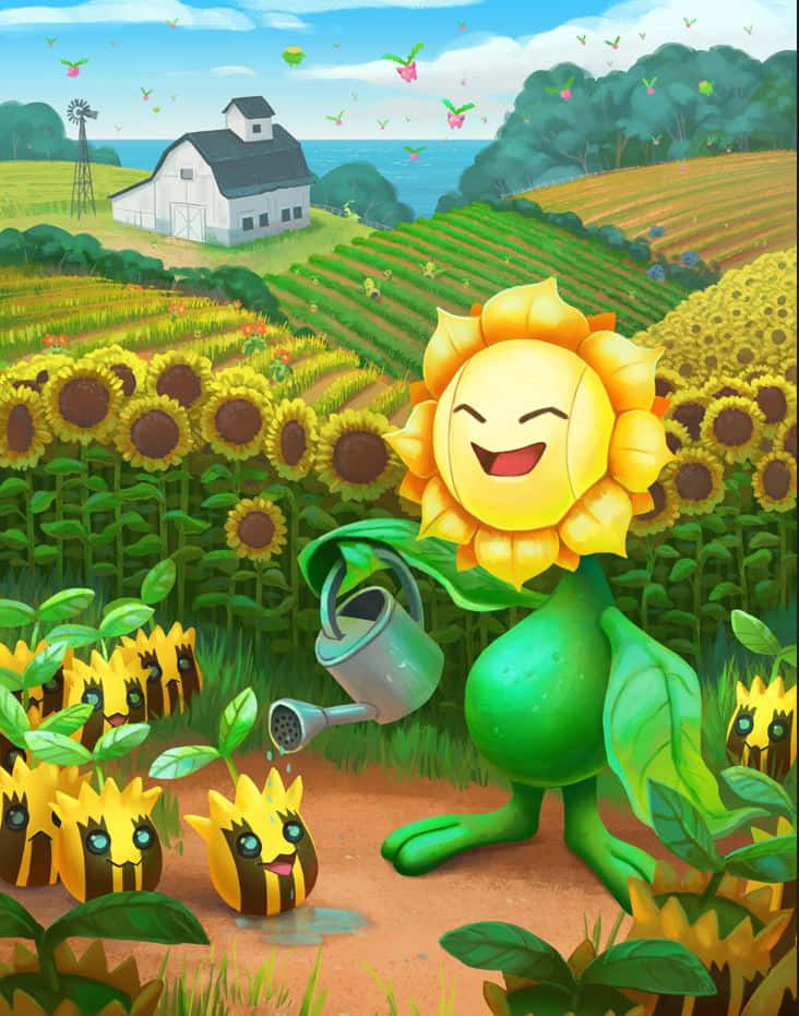 可愛寶可夢 桌布 壁紙 — 一個開心的向日葵角色在一個充滿活力的農田裡澆灌小向日葵，背景有穀倉和海洋。