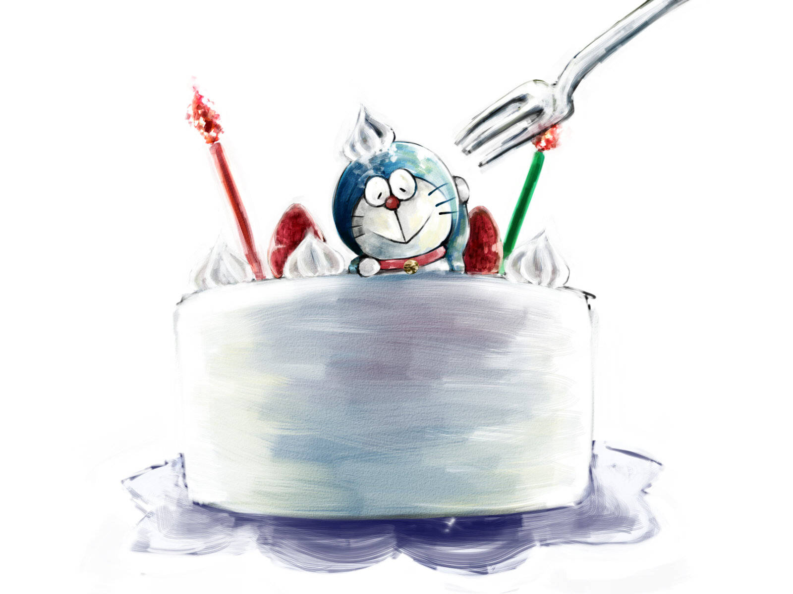Doraemon 桌布 壁紙 — 一個開心的哆啦A夢從一個有蠟燭的糖霜蛋糕中探出頭來，叉子準備好切開蛋糕。