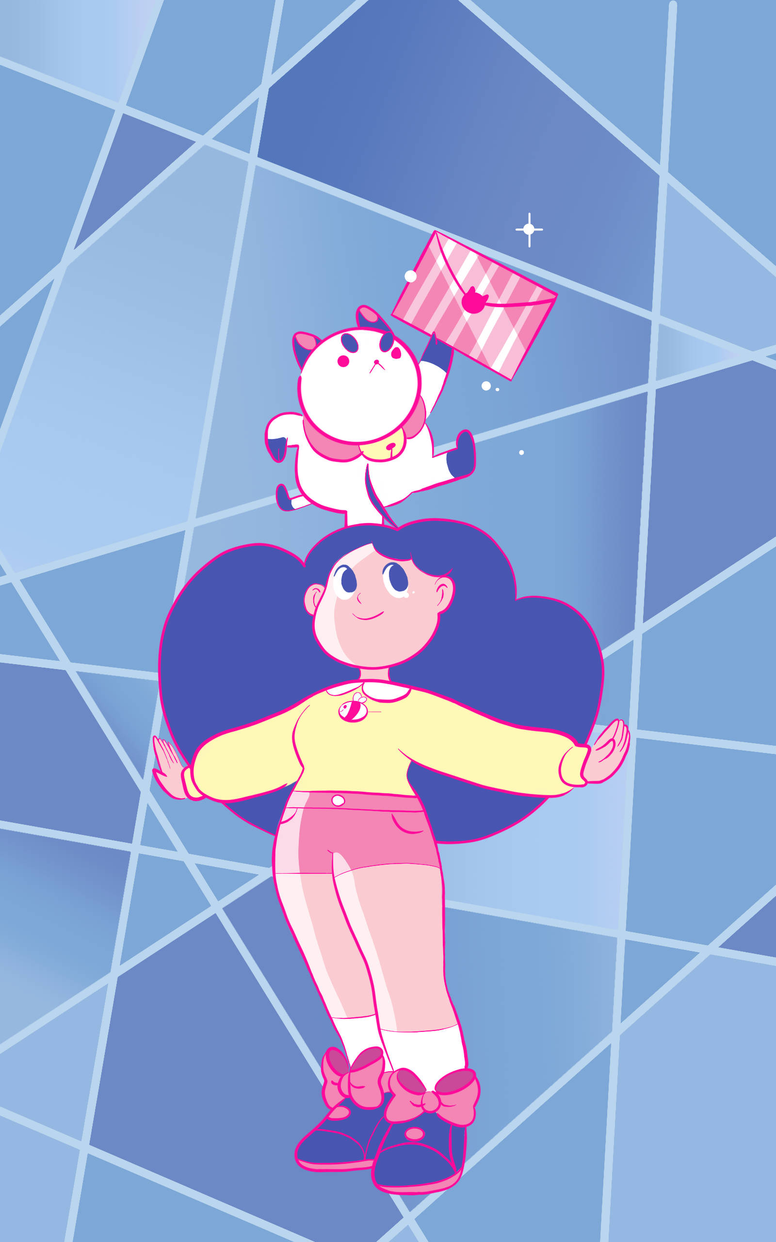 bee and puppycat 桌布 壁紙 — 一個開心的女孩，心形頭髮，還有一隻漂浮的貓拿著粉紅色信封，背景是幾何藍色。