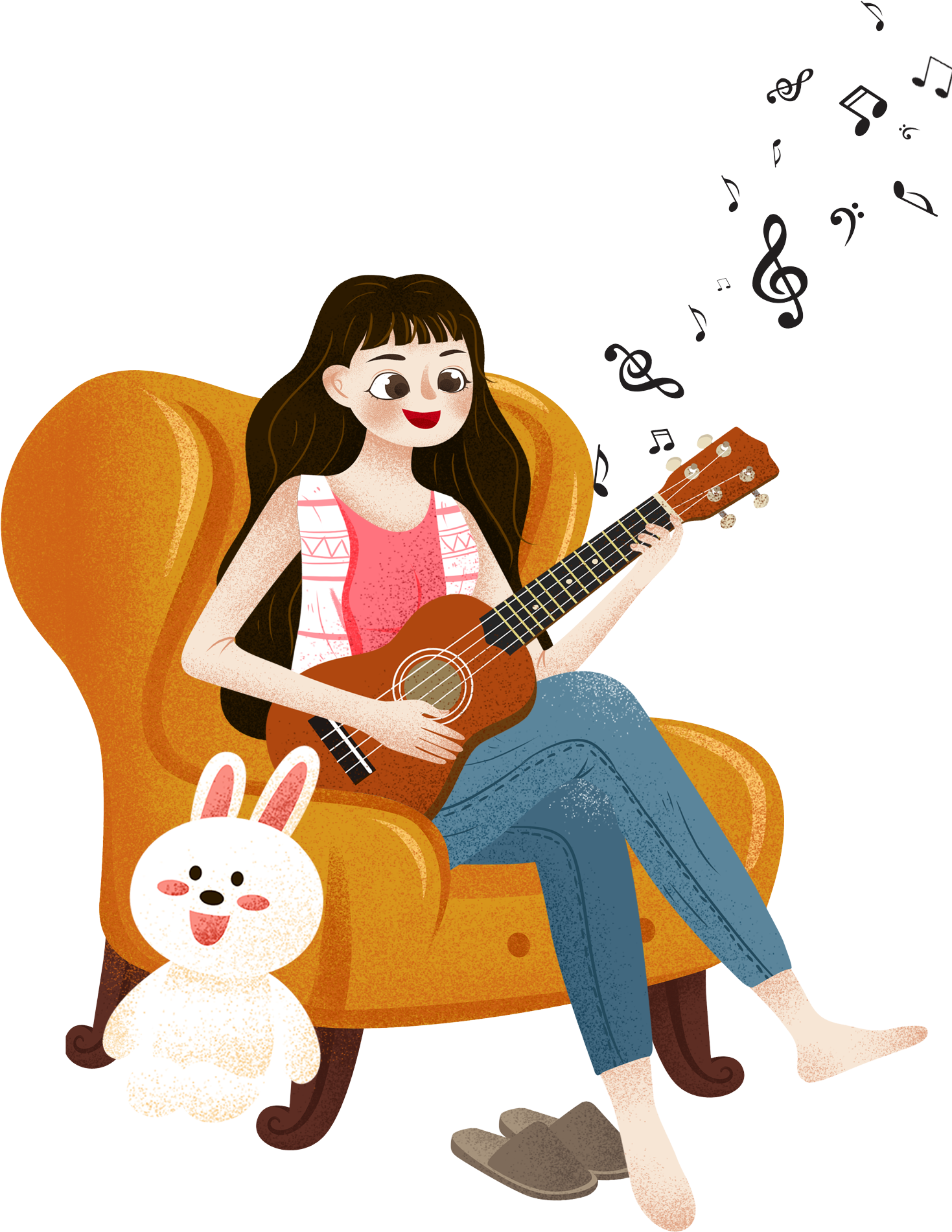 guitar player 桌布 壁紙 — 一個開心的女孩在舒適的橙色扶手椅上彈奏烏克麗麗，旁邊有一隻白色兔子毛絨玩具，音符向上飄浮。