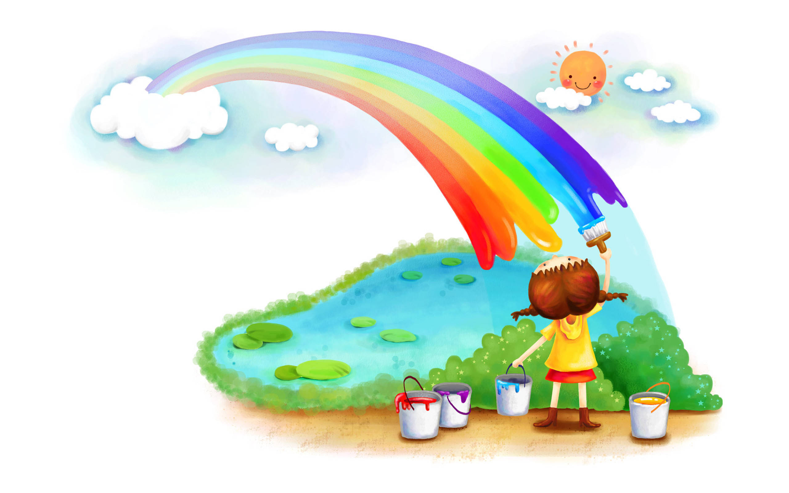 小孩動圖 桌布 壁紙 — 一個開心的女孩在陽光明媚的天空中畫出一道鮮豔的彩虹，下方是睡蓮池塘。
