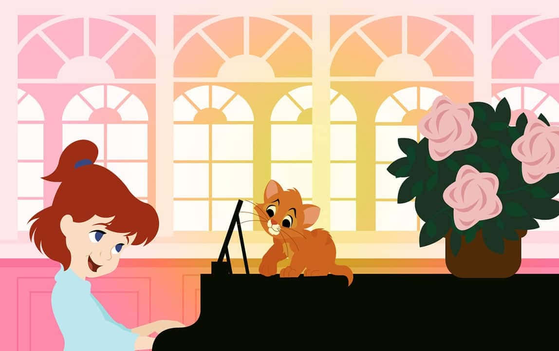 oliver and company 桌布 壁紙 — 一個開心的女孩彈鋼琴，一隻微笑的橘色貓咪在她旁邊的盆栽玫瑰叢旁觀看。