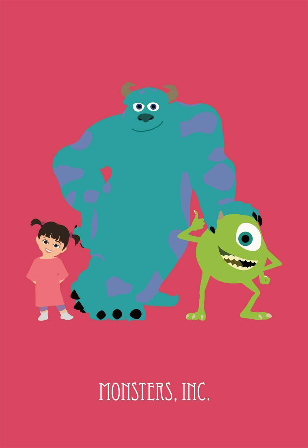 Kawaii Monster 桌布 壁紙 — 一個開心的女孩站在兩隻友善的怪獸旁邊，背景是純粉紅色，並有「Monsters Inc.」文字。