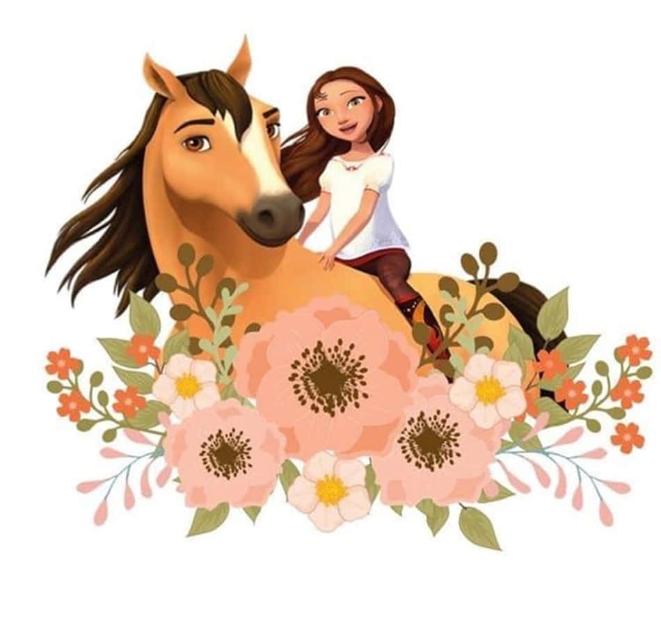 Animated 桌布 壁紙 — 一個開心的女孩騎著一匹棕色的馬，周圍環繞著充滿活力的粉紅色和橙色花朵的花藝佈置。