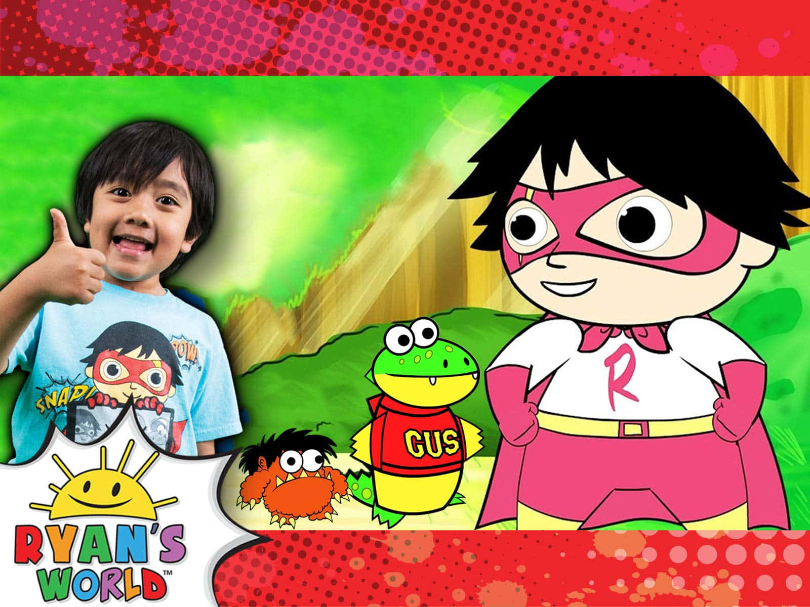 YouTube Banner 桌布 壁紙 — 一個開心的孩子在卡通超級英雄Ryan和他的怪物朋友旁邊豎起大拇指，背景是充滿活力的漫畫書風格。