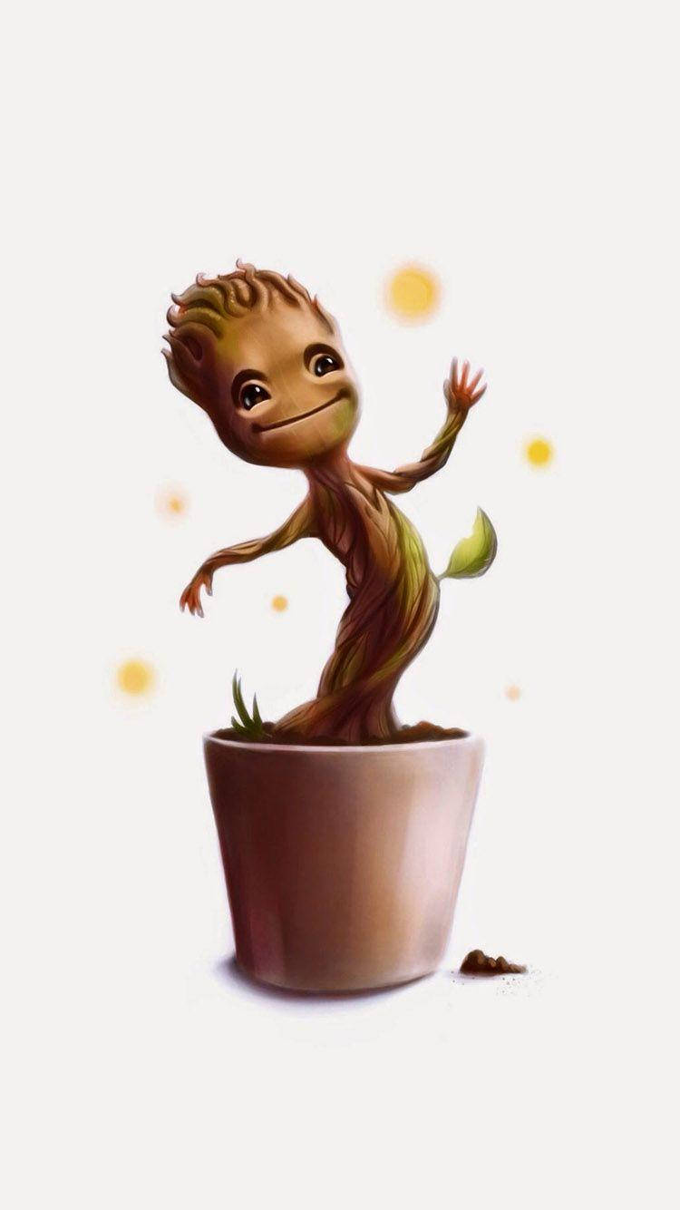 Baby Groot 桌布 壁紙 — 一個開心的寶寶格魯特從一個赤陶花盆中冒出，周圍漂浮著發光的球體。