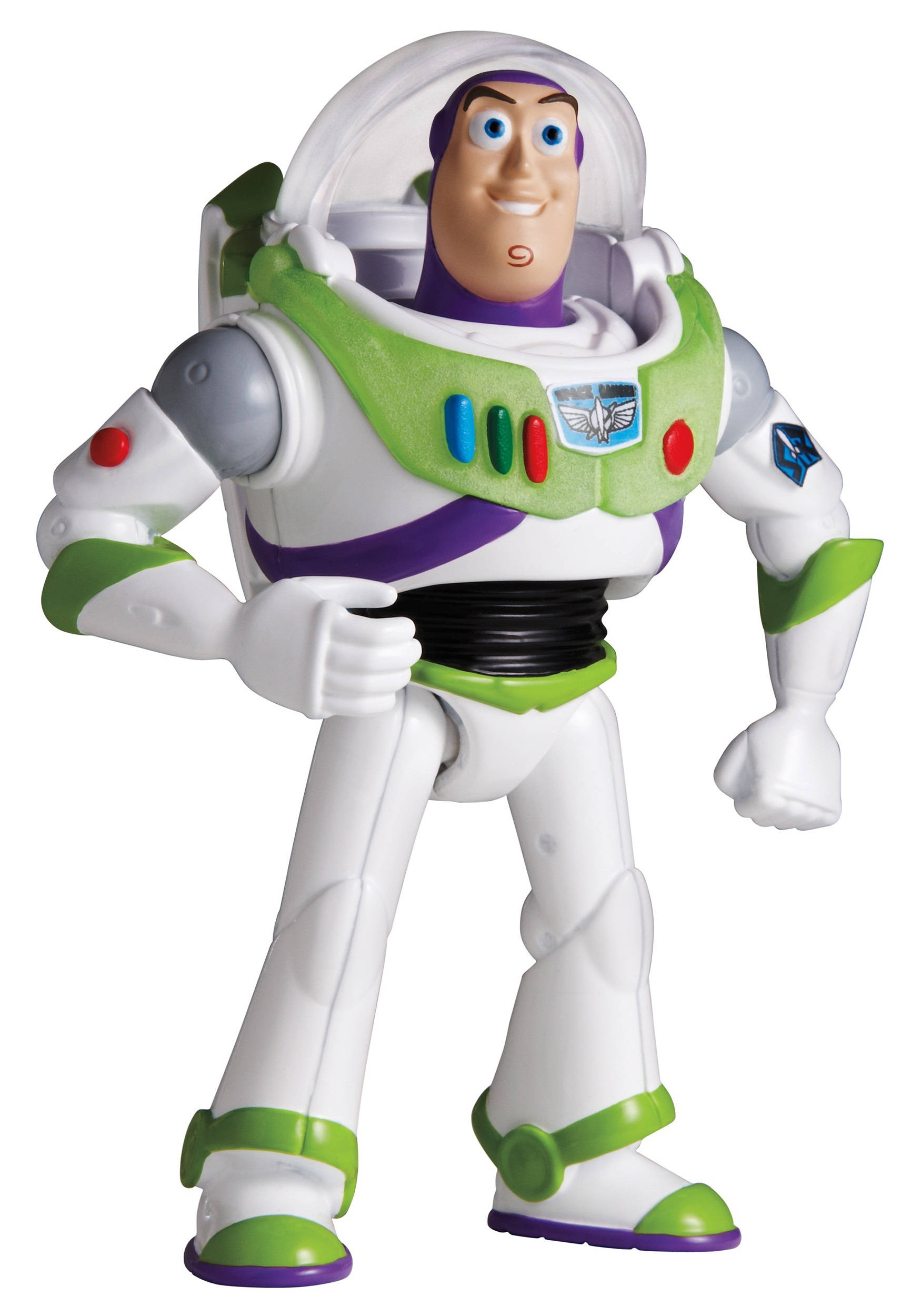 Buzz 桌布 壁紙 — 一個開心的巴斯光年動作人偶，穿著他標誌性的白色、綠色和紫色太空服，自信地站在純白色背景前。