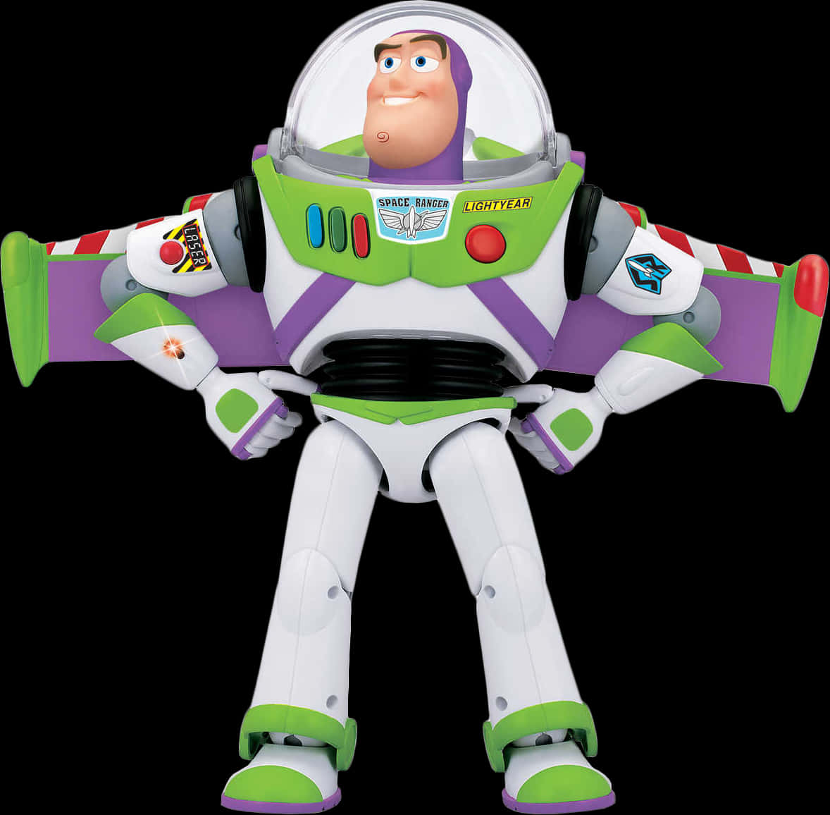 Toy Story Characters 桌布 壁紙 — 一個開心的巴斯光年動作人偶自信地站立，身穿標誌性的綠色、紫色和白色太空戰士服，背景為黑色。