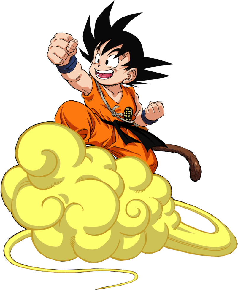 kid goku 桌布 壁紙 — 一個開心的年輕悟空穿著橙色道服，在黑色背景上騎著旋轉的黃色雲朵，舉起拳頭。