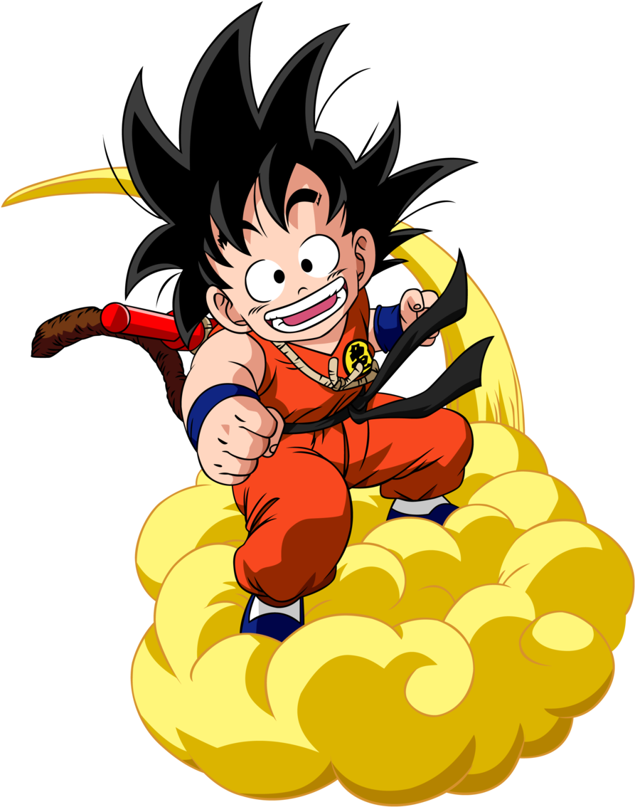 kid goku 桌布 壁紙 — 一個開心的年輕悟空騎著金色雲朵，露出愉快的笑容，黑色刺蝟頭，背景為黑色。