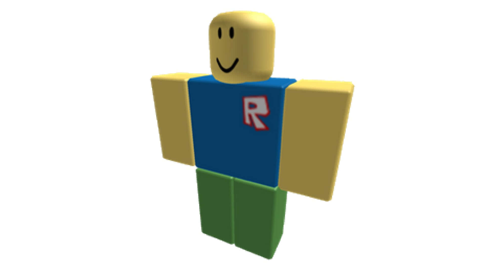 Cute Roblox Noobs 桌布 壁紙 — 一個開心的方塊形Roblox頭像，黃色頭和四肢，藍色身體有紅色R標誌，綠色腿，白色背景。