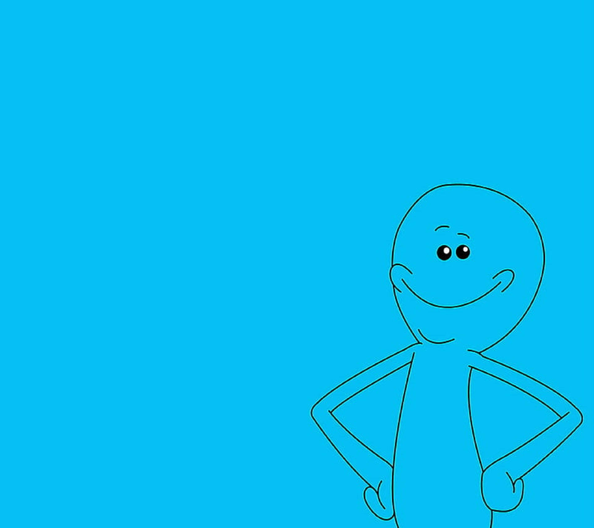 Meeseeks 桌布 壁紙 — 一個開心的極簡卡通角色，露出燦爛的笑容，自信地站在純藍色背景前。