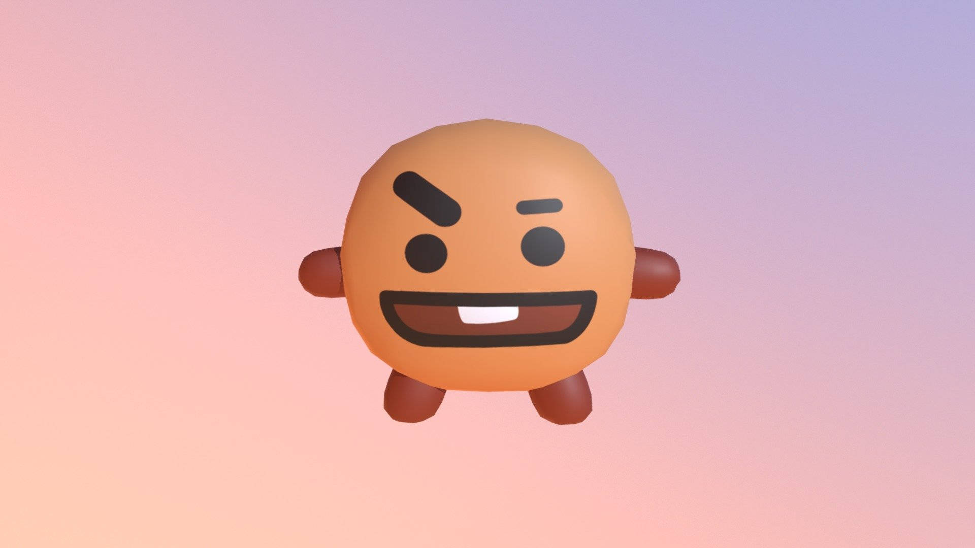 shooky bt21 桌布 壁紙 — 一個開心的橙色卡通角色，咧嘴大笑，眉毛憤怒，漂浮在柔和的粉紅和紫色漸變背景上。