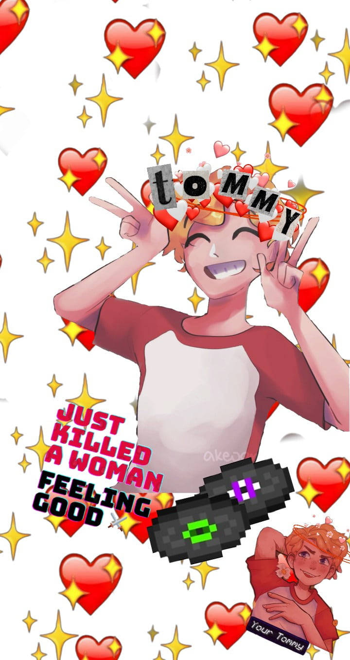 Tommyinnit 桌布 壁紙 — 一個開心的橙色頭髮動漫角色被心形和星星包圍，做出和平手勢，並帶有像素化槍支和文字。