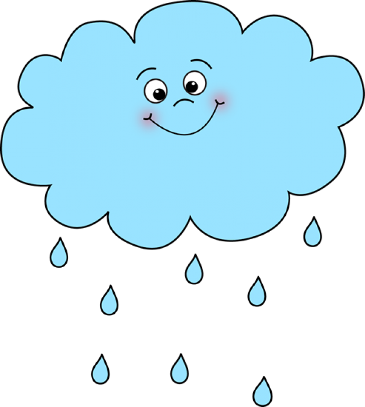 Raining 桌布 壁紙 — 一個開心的淺藍色卡通雲，有笑臉和玫瑰色臉頰，在黑色背景上滴落淺藍色雨滴。