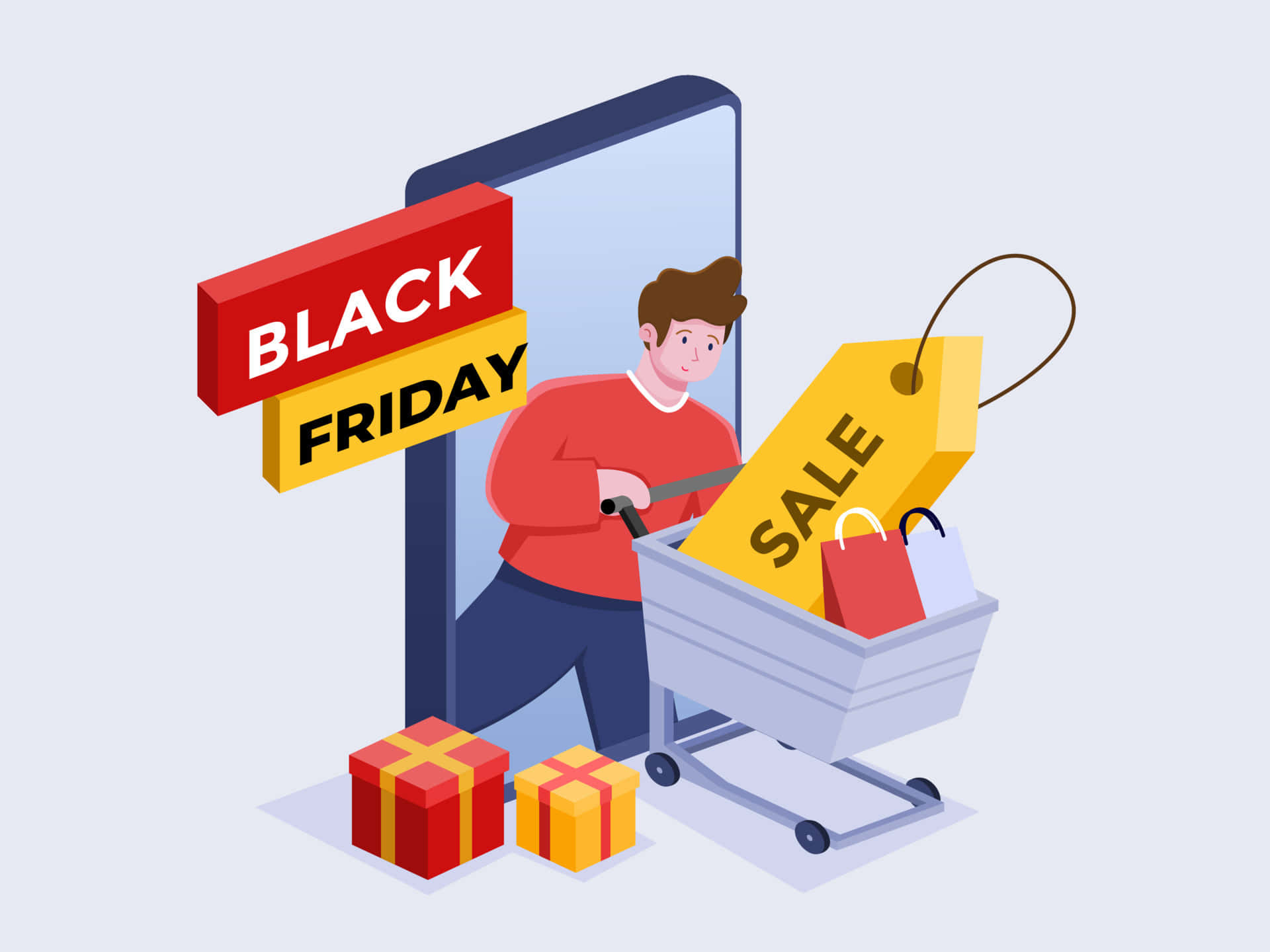 Shopping 桌布 壁紙 — 一個開心的男人推著一輛購物車，車上滿是從智慧型手機螢幕中湧出的促銷標籤和禮物。