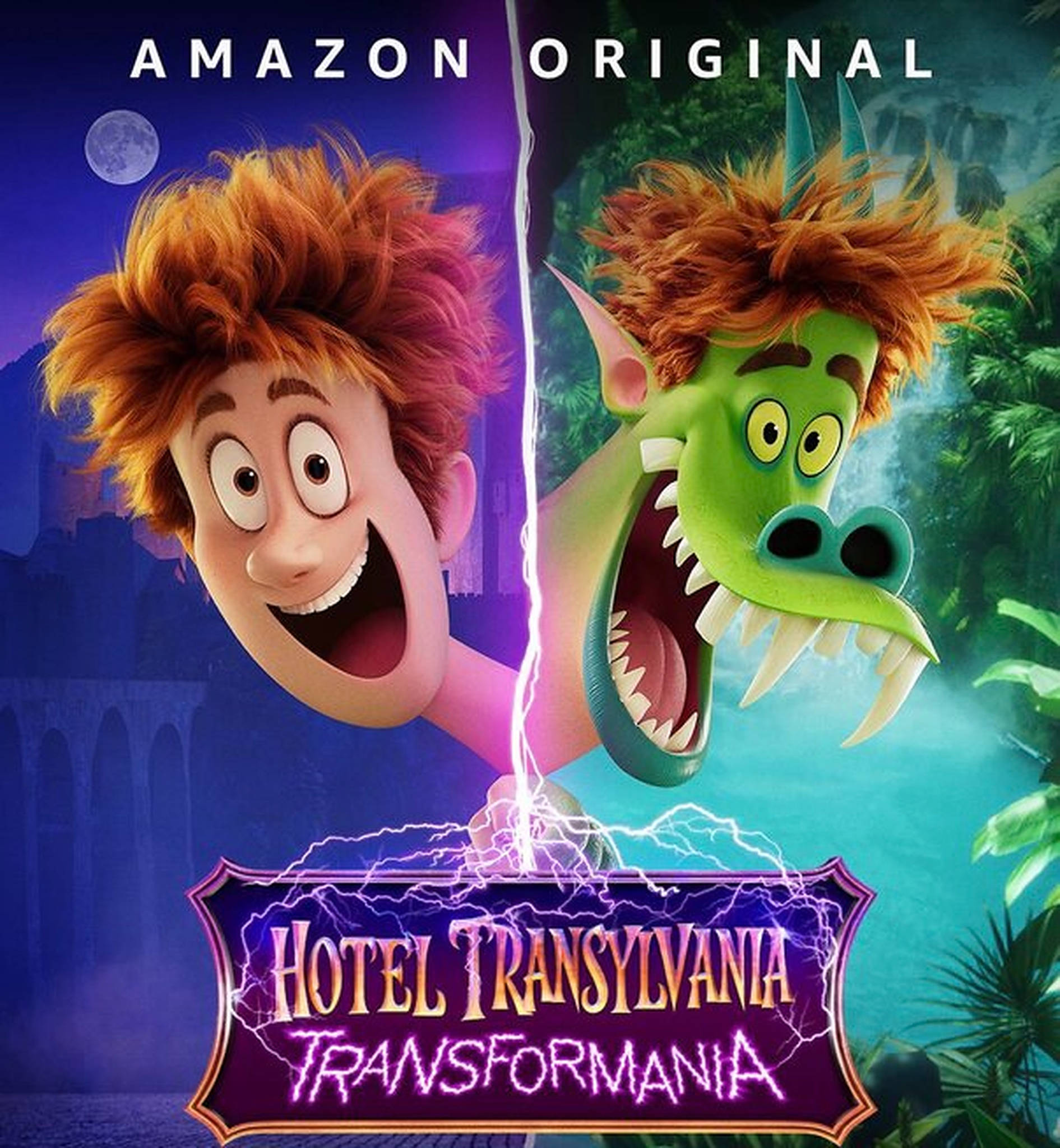 hotel transylvania transformania 桌布 壁紙 — 一個開心的男孩和他怪獸般的龍分身被閃電分開，出現在充滿活力的動畫電影海報中。