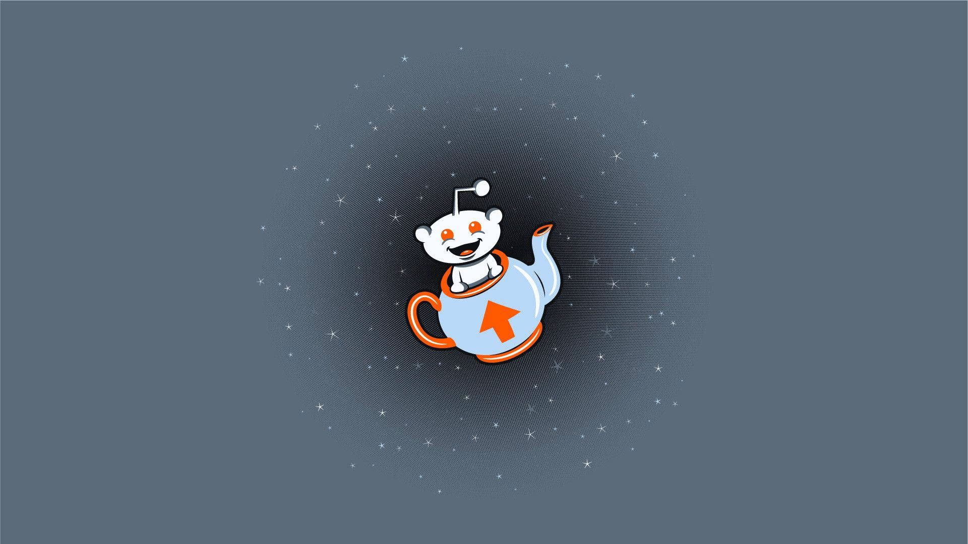 Reddit 桌布 壁紙 — 一個開心的白色卡通機器人漂浮在淺藍色茶壺內，壺上有橙色箭頭，背景是星空的深灰色。