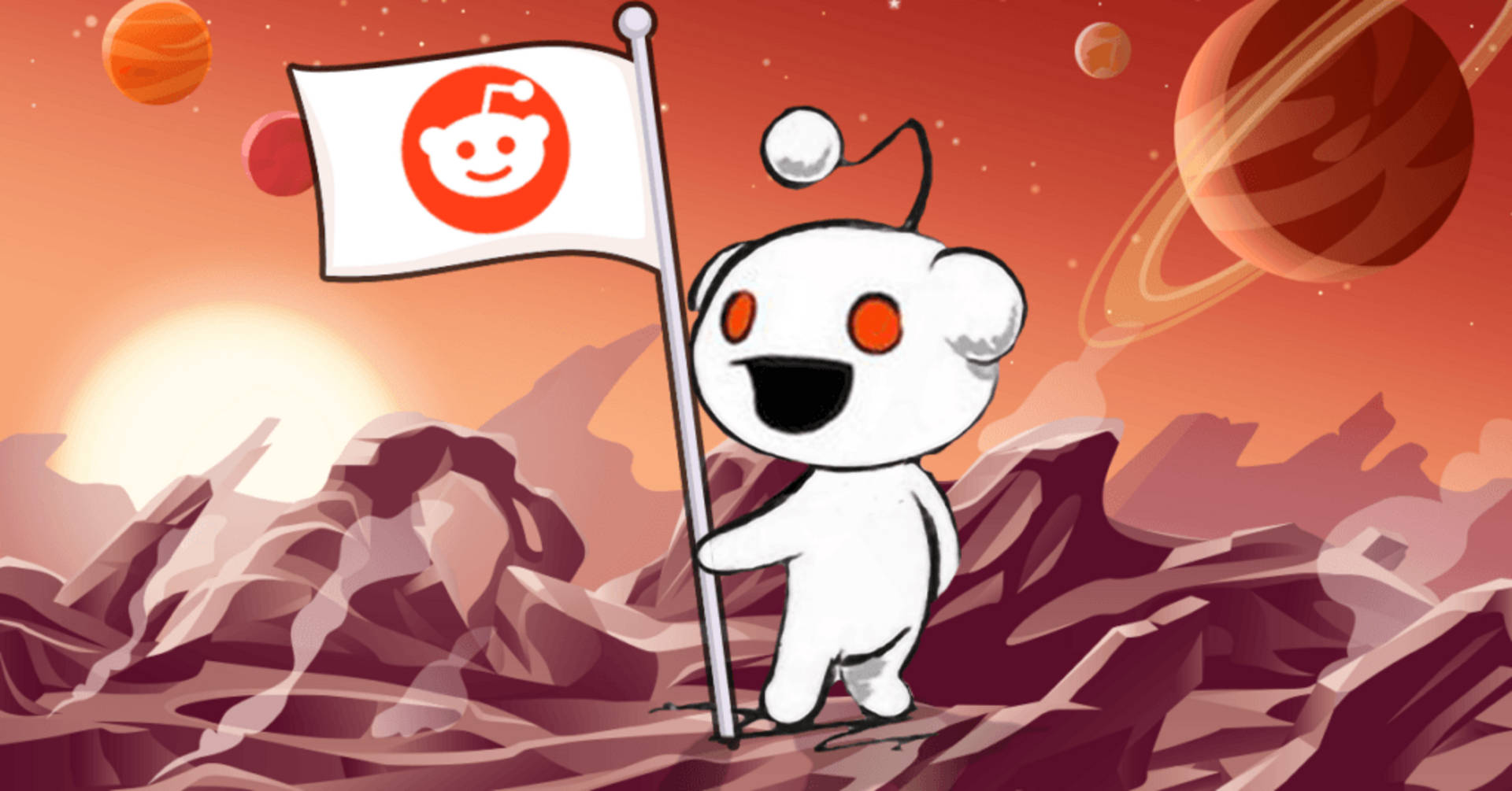 reddit 桌布 壁紙 — 一個開心的白色外星人吉祥物在一個岩石外星行星上插上Reddit旗幟，背景有橙色行星和發光的太陽。