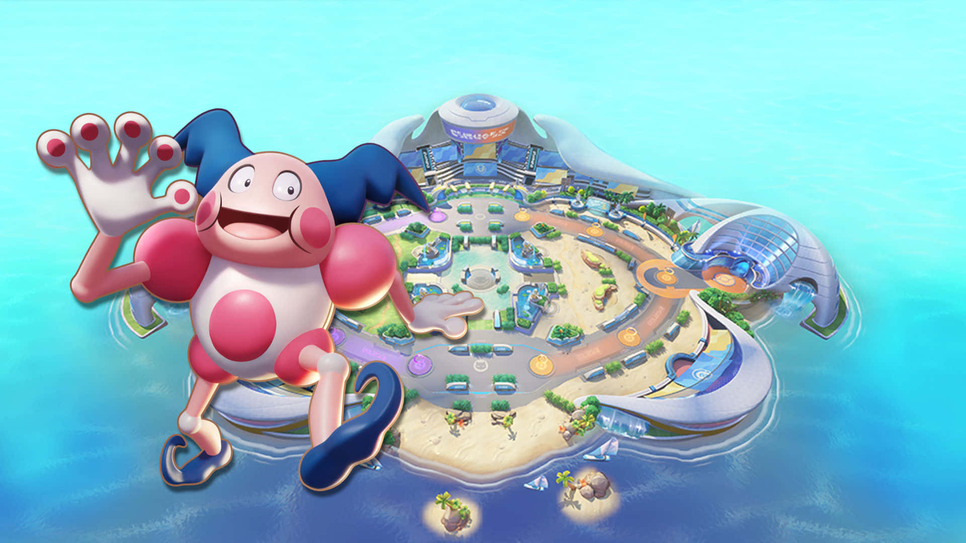 Mr. Mime 桌布 壁紙 — 一個開心的粉紅色和藍色卡通角色在一個被海洋包圍的未來浮島主題公園旁邊揮手。