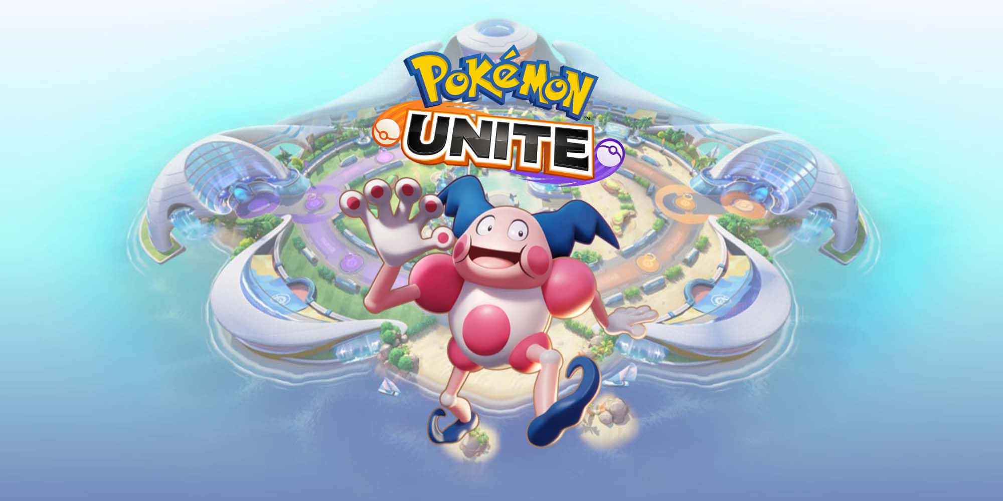 Pokemon Aesthetic 桌布 壁紙 — 一個開心的粉紅色和藍色寶可夢角色在一個有未來主義建築和發光路徑的浮島競技場上揮手。
