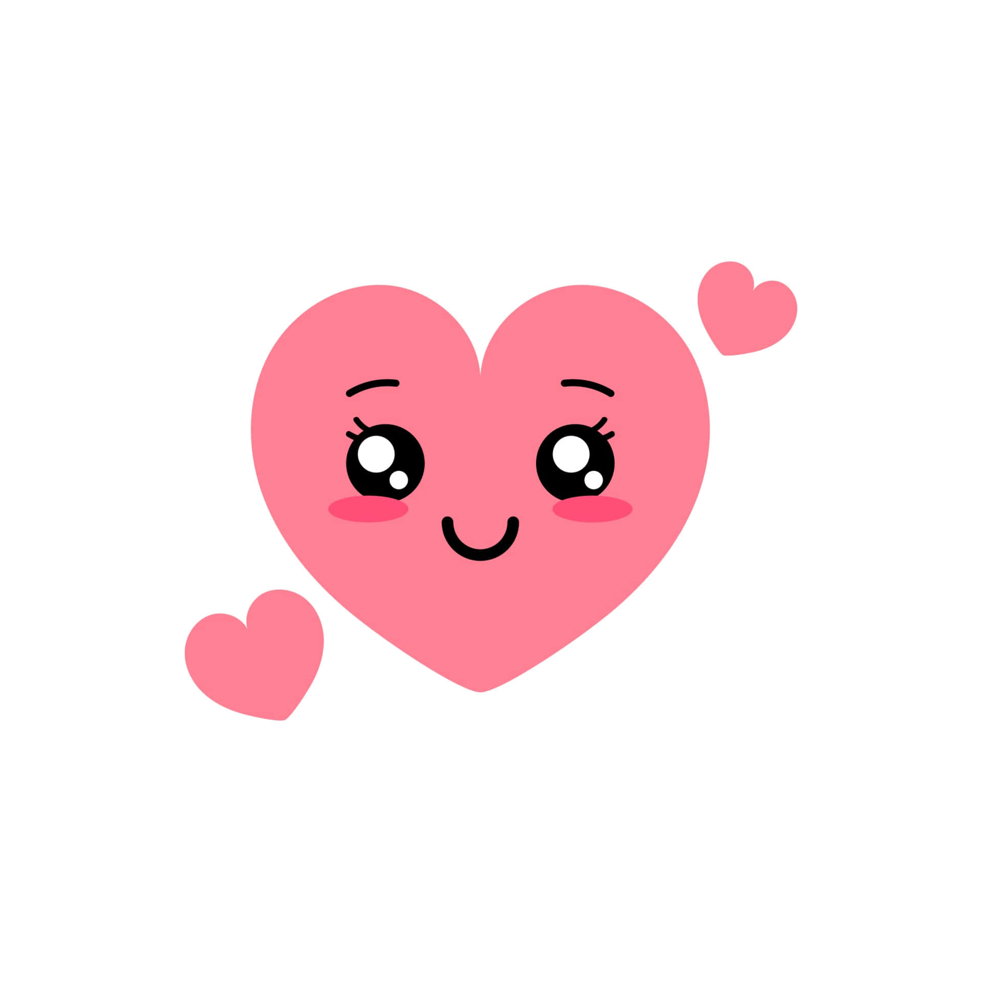 Cute Love 桌布 壁紙 — 一個開心的粉紅色心形，有大眼睛和笑容，被兩個較小的愛心圍繞，背景為白色。