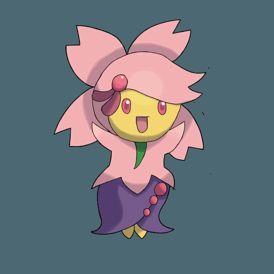 Pokemon Aesthetic 桌布 壁紙 — 一個開心的粉紅色花朵狀動漫角色，黃色臉蛋和紫色裙子，站在柔和的青綠色背景前。
