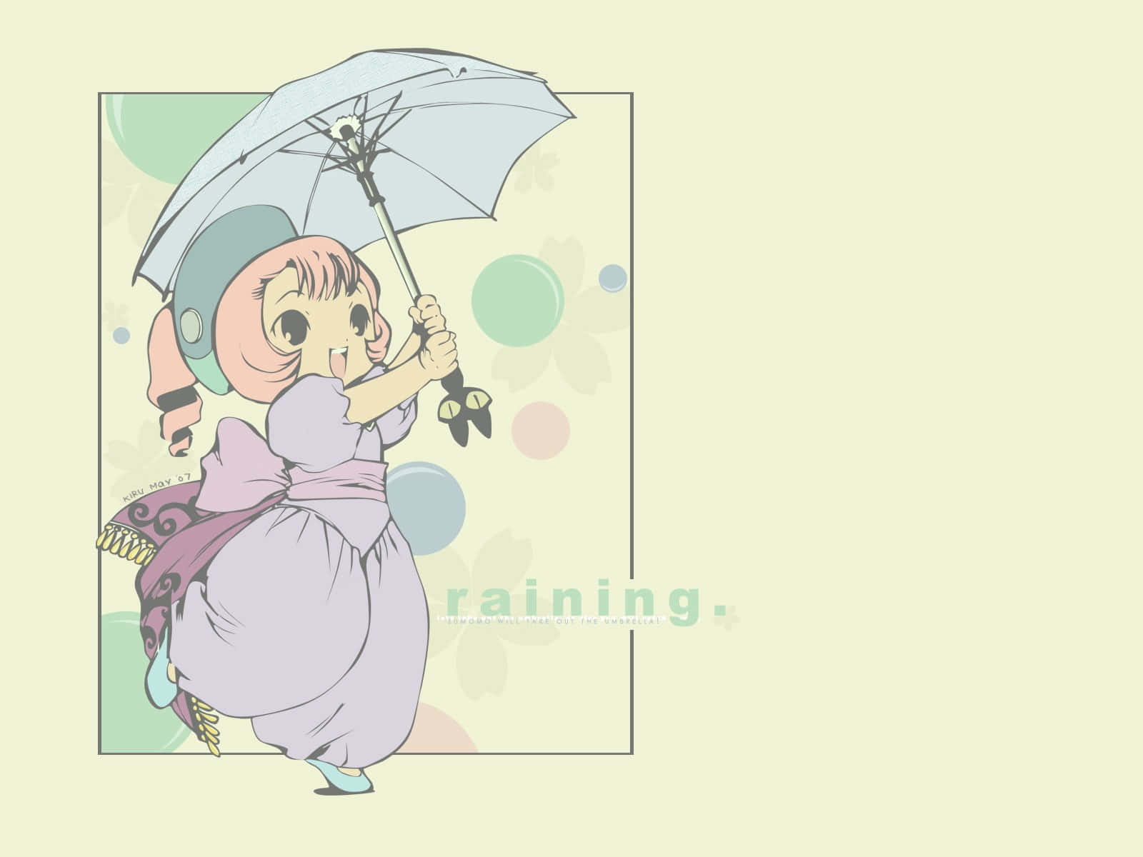 Chobits 桌布 壁紙 — 一個開心的粉紅色頭髮動漫女孩，在柔和粉彩背景上，手持淺藍色雨傘，背景有漂浮的圓圈。