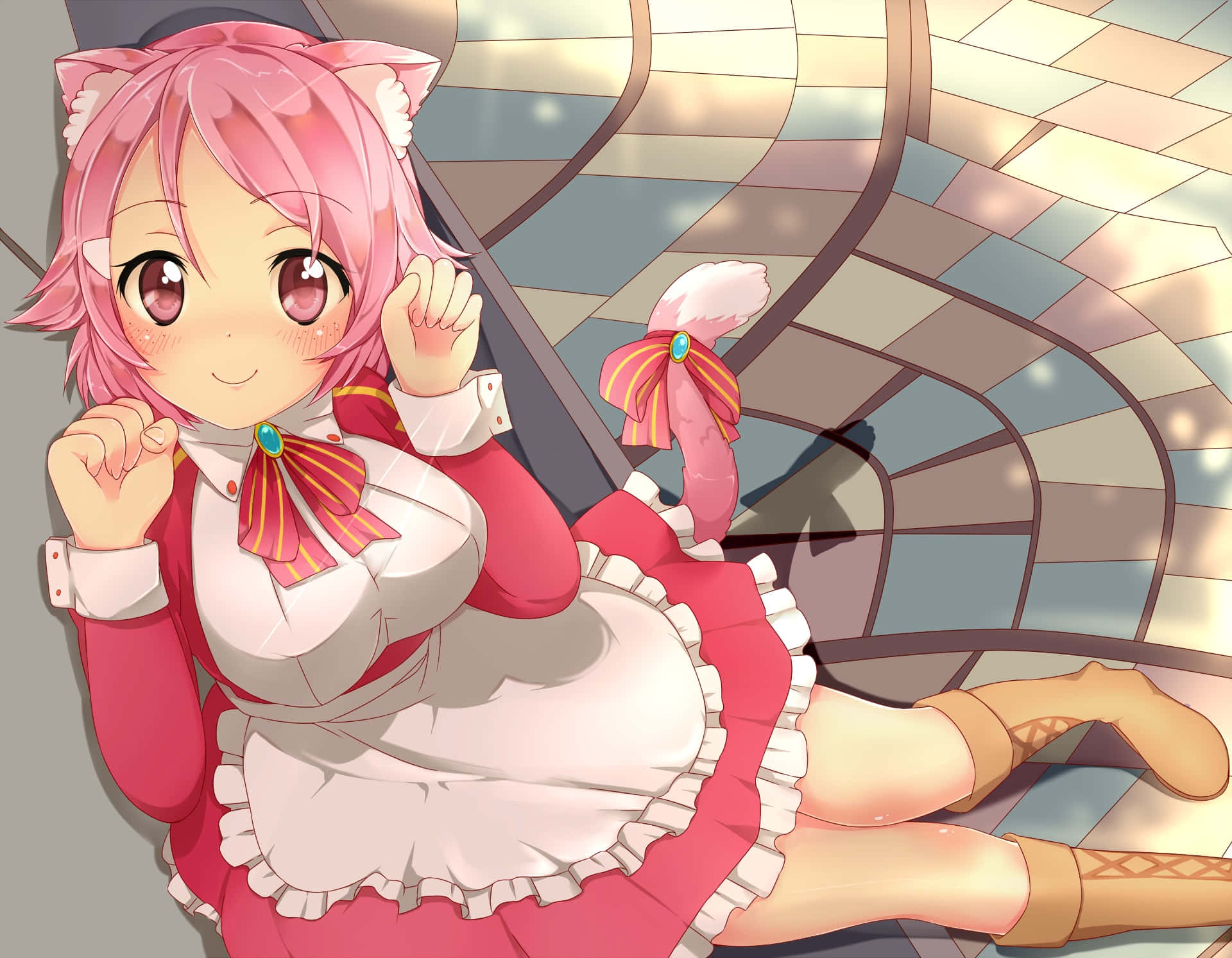 Sword Art Online Lisbeth 桌布 壁紙 — 一個開心的粉紅色頭髮動漫女孩，戴著貓耳和尾巴，穿著女僕裝，在螺旋樓梯上閒躺。