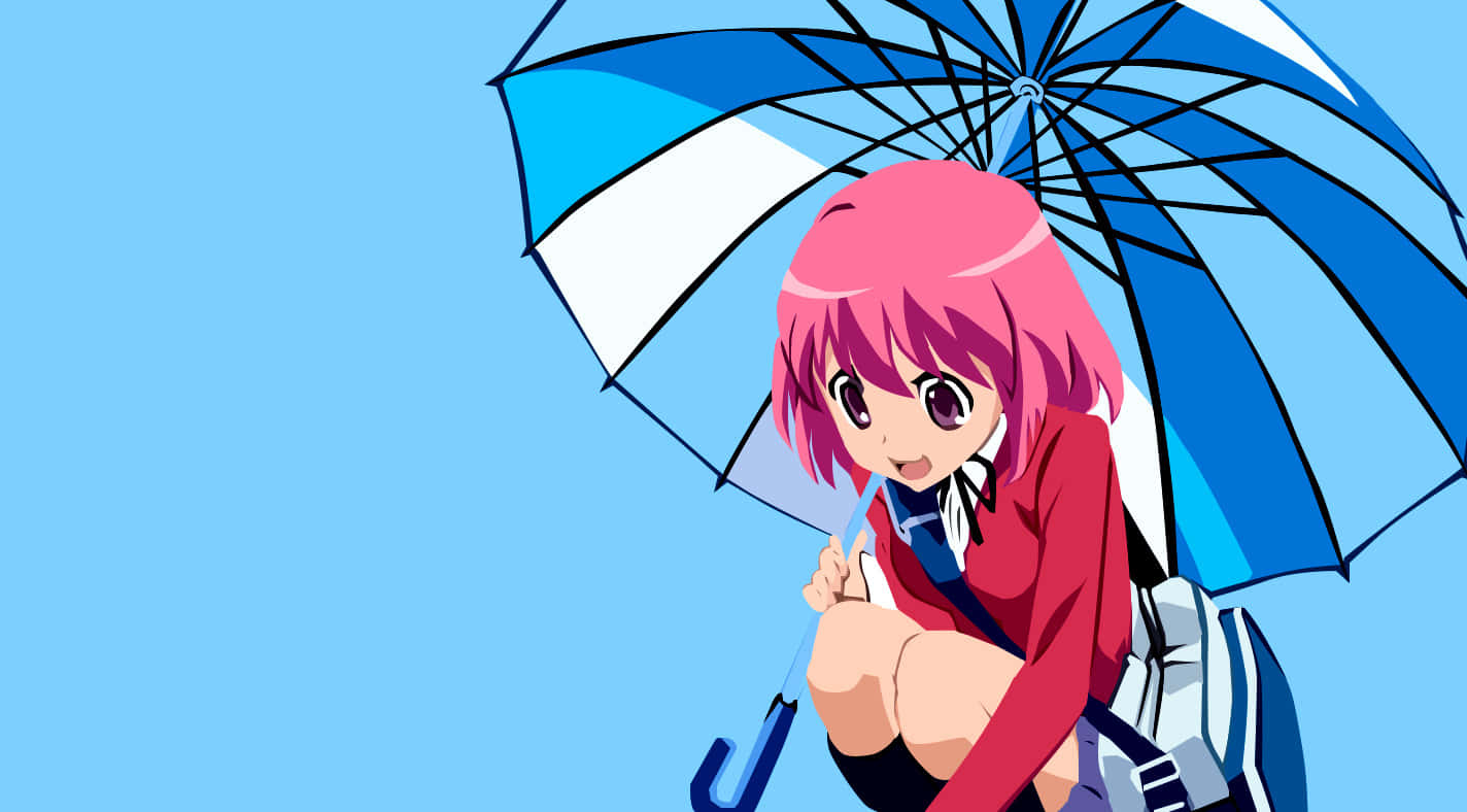 Minori Kushieda 桌布 壁紙 — 一個開心的粉紅色頭髮動漫女孩，穿著紅色校服，在純淺藍色背景前拿著一把藍白相間的雨傘。