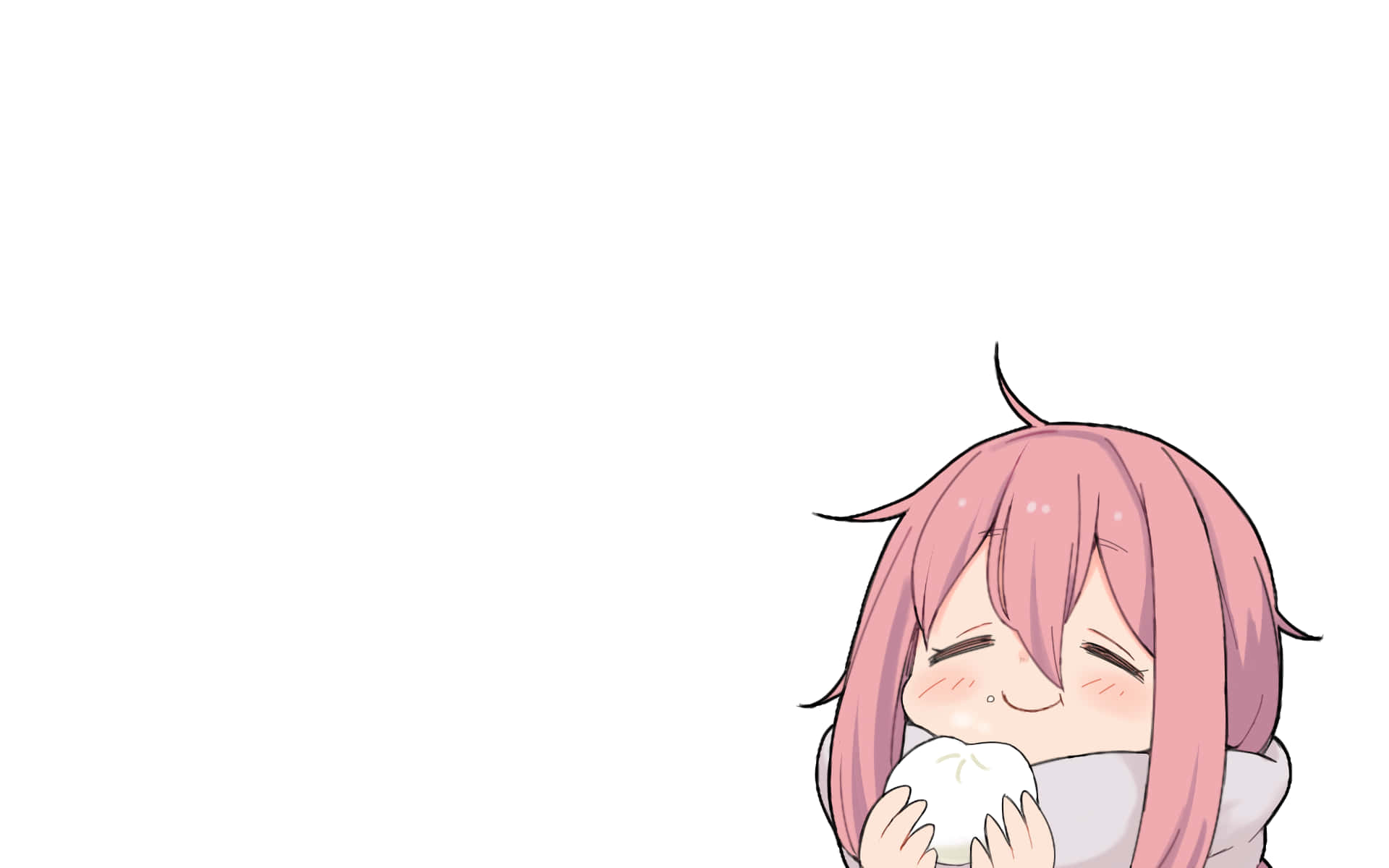 Laid Back Camp 桌布 壁紙 — 一個開心的粉紅色頭髮動漫女孩在純白色背景前快樂地吃著白色蒸包。
