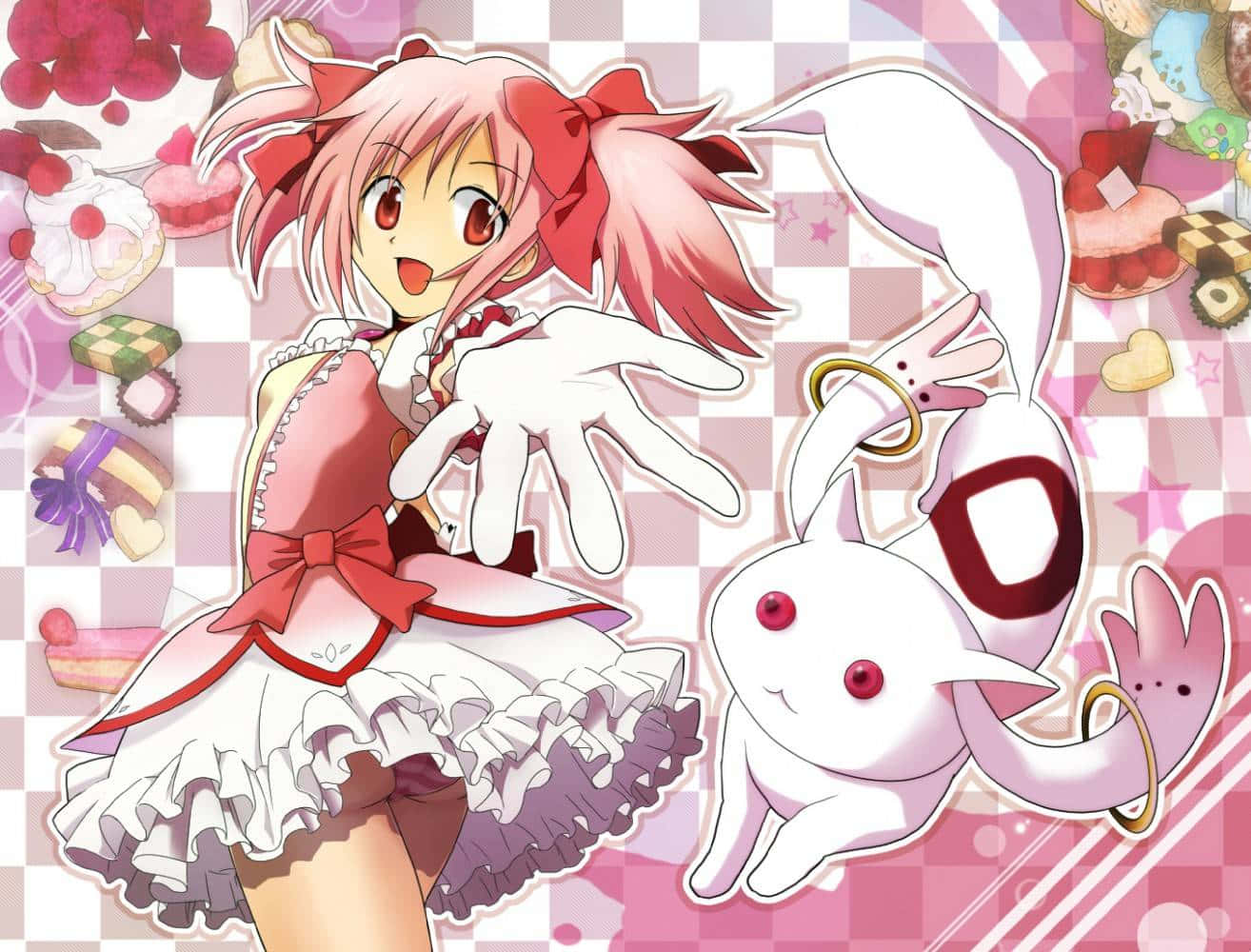 Madoka Magica 桌布 壁紙 — 一個開心的粉紅色頭髮動漫女孩穿著荷葉邊連衣裙，在一隻可愛的白色圈耳兔旁邊揮手，背景是充滿甜點的粉紅色格紋圖案。