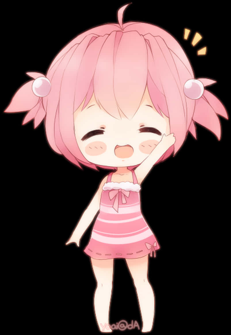 Anime Chibi 桌布 壁紙 — 一個開心的粉紅頭髮條紋裙chibi動漫女孩在黑色背景上快樂地揮手。